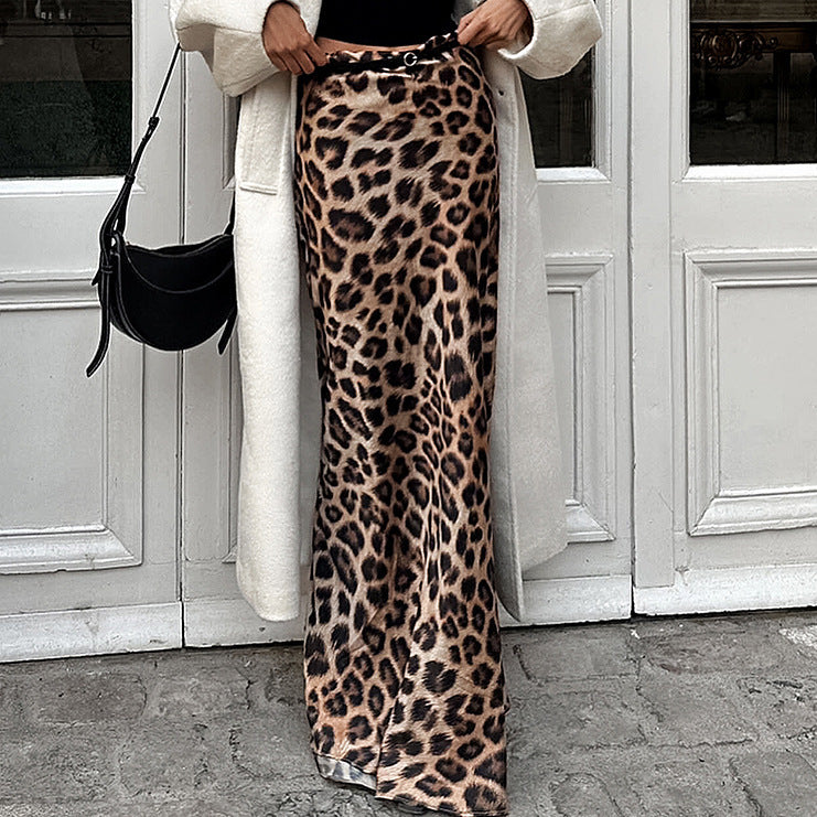 Leopard Print Satin Fishtail Skirt For Women's