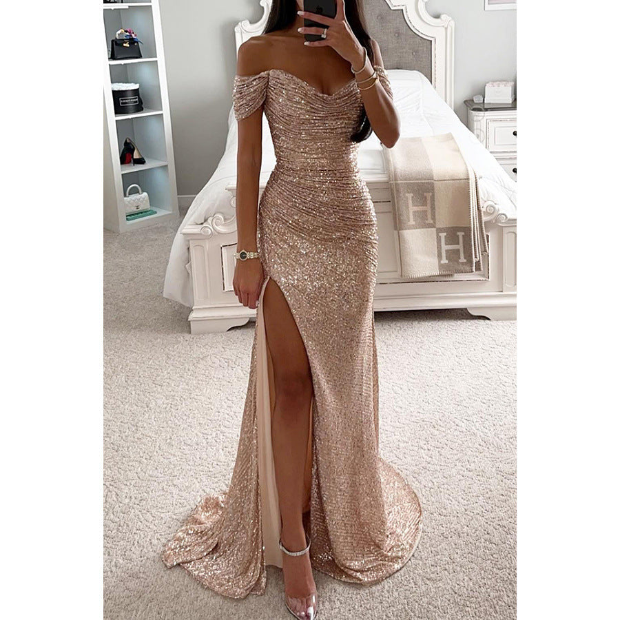 Party Sequins Off-neck Split Dress INS Casual Fashion Dress For Women