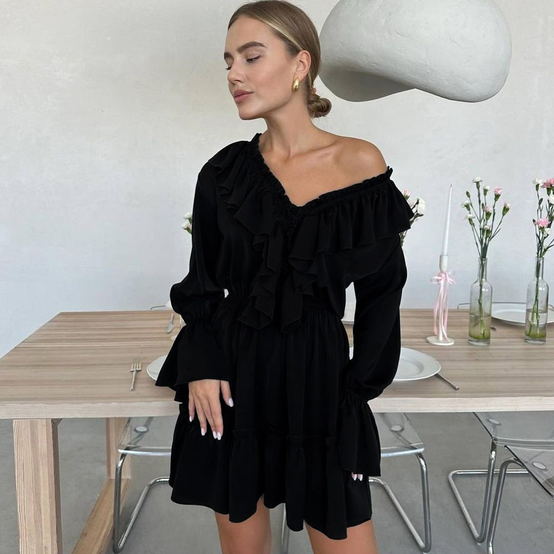Chic Ruffle Mini Dress | V-Neck with Billowy Long Sleeves (White, Pink, Black, Blue) Fashion V Neck Pleated Ruffle Long Sleeve Dress Y2K V Neck Flared Sleeve Short Dress Women's Clothing