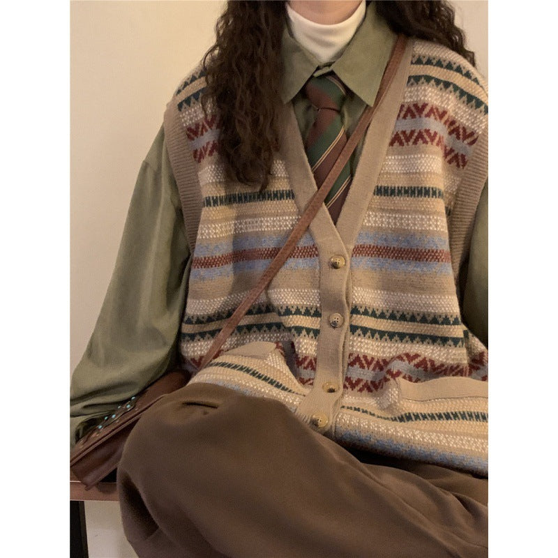 Retro Knit™ Vintage Patterned Sweater Vest – Cozy Academia Aesthetic Korean Style Loose Knitted Collar Top