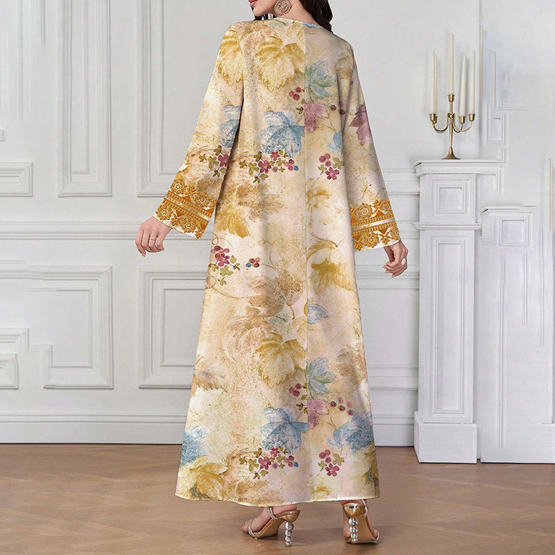 Chic Bohemian Floral V-Neck Maxi Dress, Elegant Golden Long Sleeve Loose Fit Casual Dress