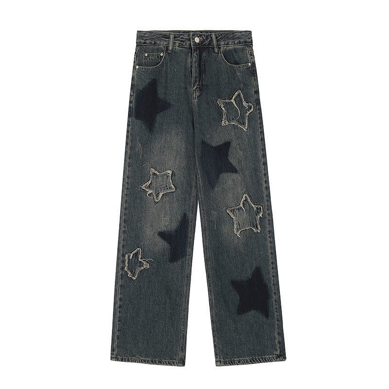 Oversized Star Patch Wide-Leg Jeans – Statement Streetwear Denim National Fashion XINGX Embroidery Washed Worn Jeans Men And Women Straight-leg Trousers
