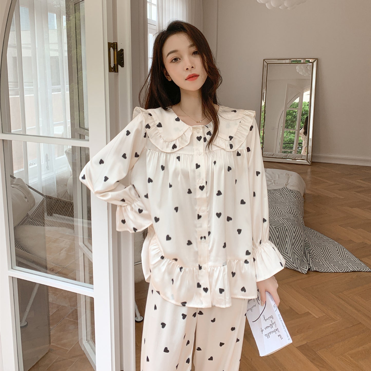 Sweet Ruffled Collar Long Sleeve Pajama Set with Mini Heart/Dot Print Style Pajamas Women's Korean Version Doll Collar Girl Long-sleeved Suit Loose Home