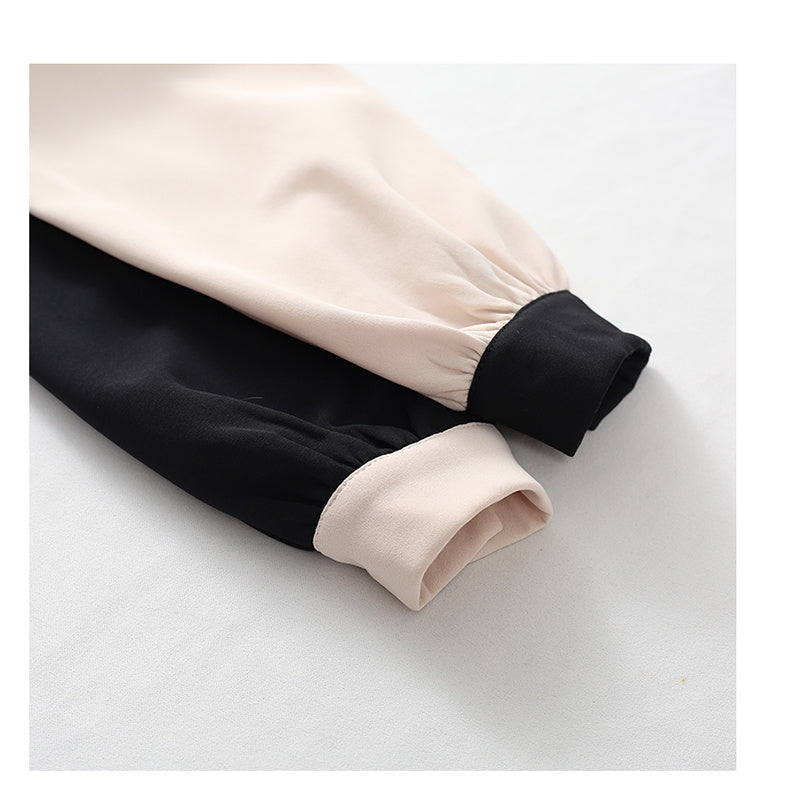 Elegant Two-Tone Ruffled Blouse - Beige & Black Korean style contrast lace long sleeve top
