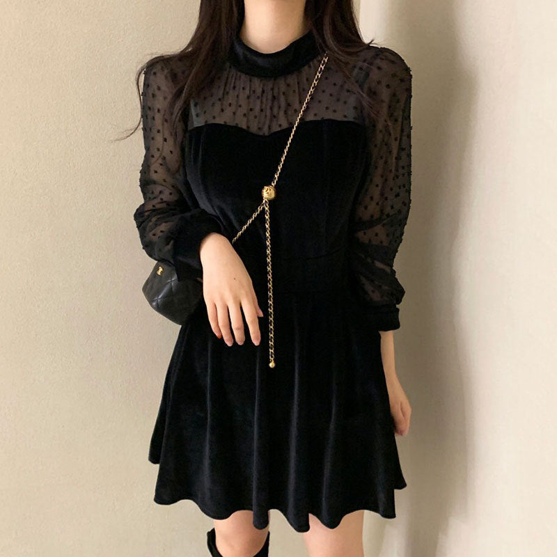 Retro Stand-up Collar Velvet Patchwork Long-sleeved Dress Women's