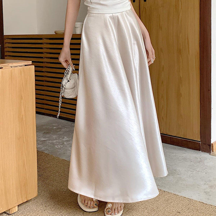 Casual All-match Acetate Satin Draped Solid Skirt