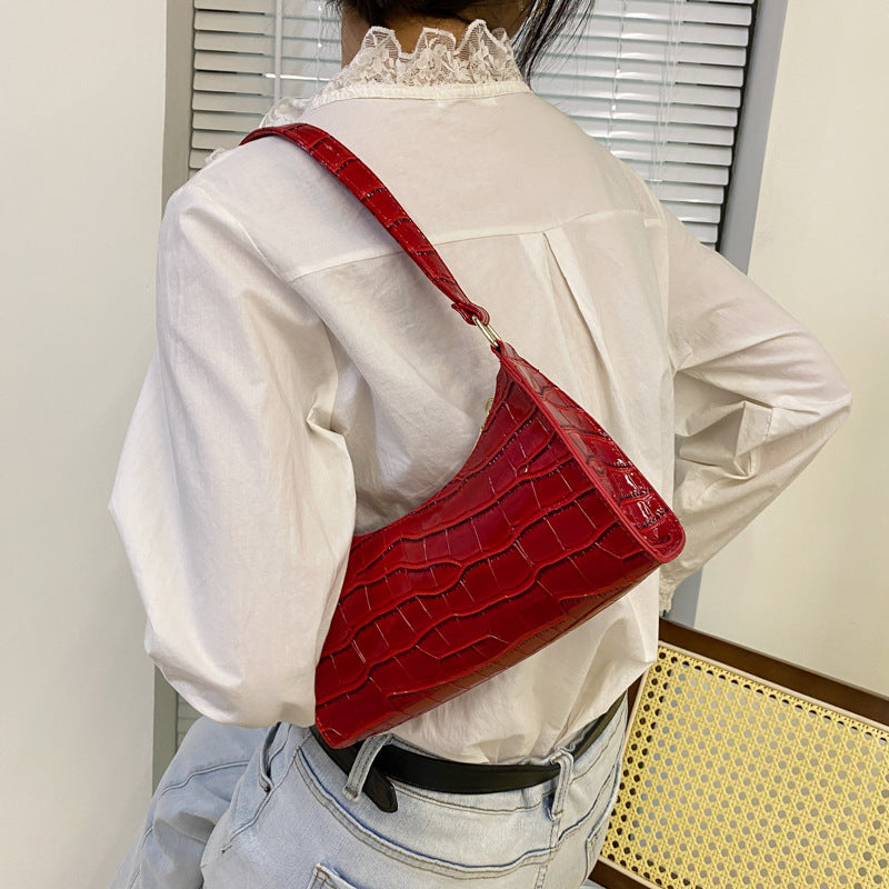 Elegant Crocodile Textured Shoulder Purse | Perfect for Day or Night Embossed Underarm Stone Pattern Candy Color Shoulder Bag