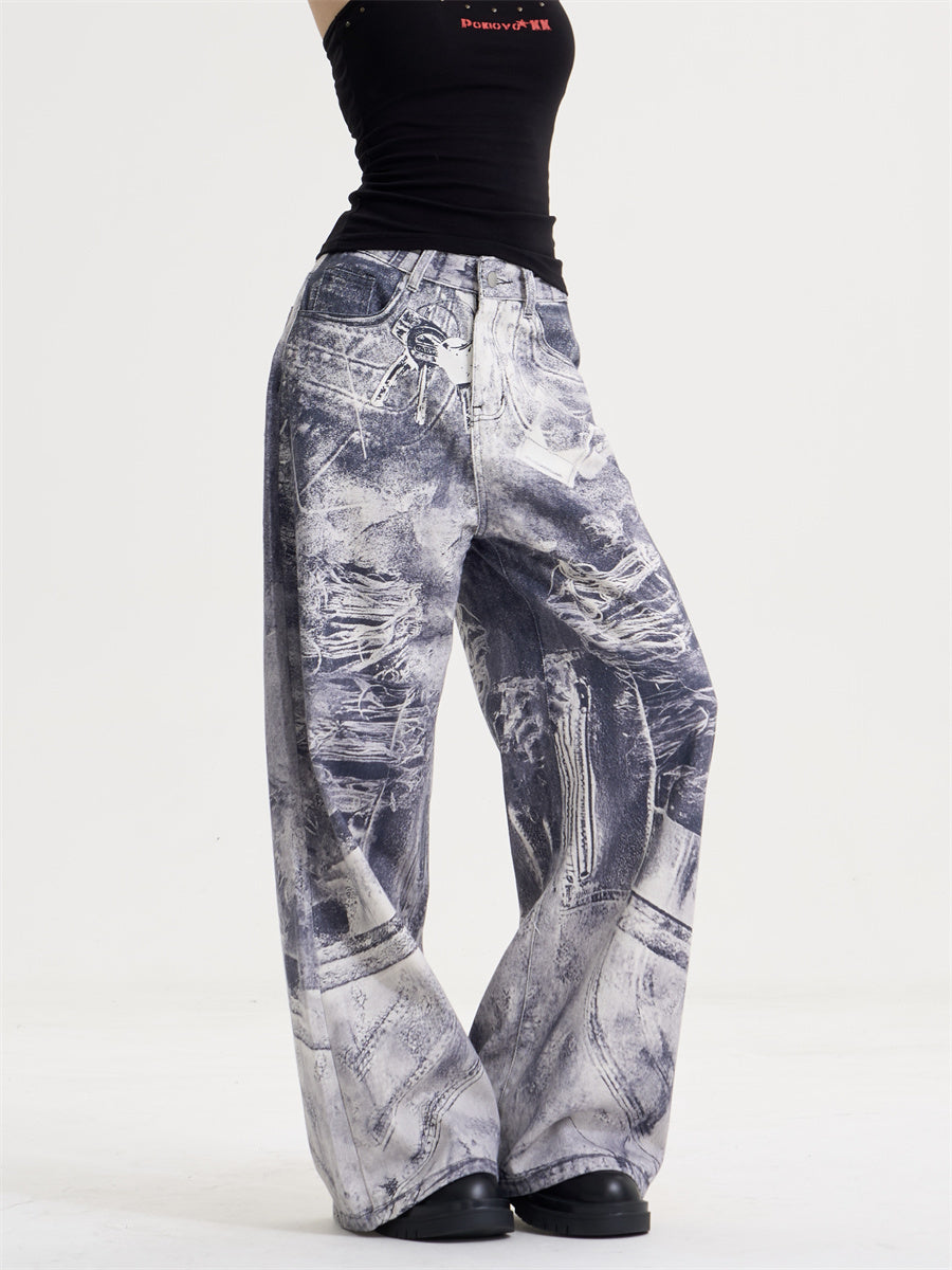 American Style Retro Washed Distressed Printed Gradient Jeans Women's Loose Straight