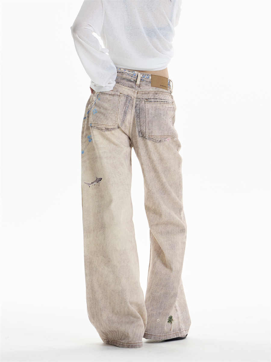 Retro Chain Print Worn Jeans Women's Straight Wide-leg Pants