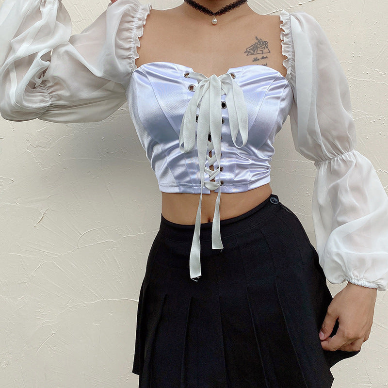 Mesh Puff Sleeve Tie Full Sleeve Top