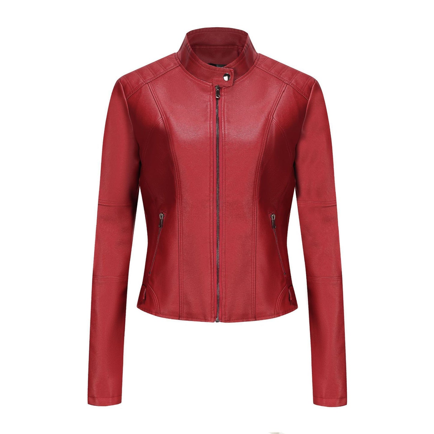 Short Slim-fit Leather Coat For Women's