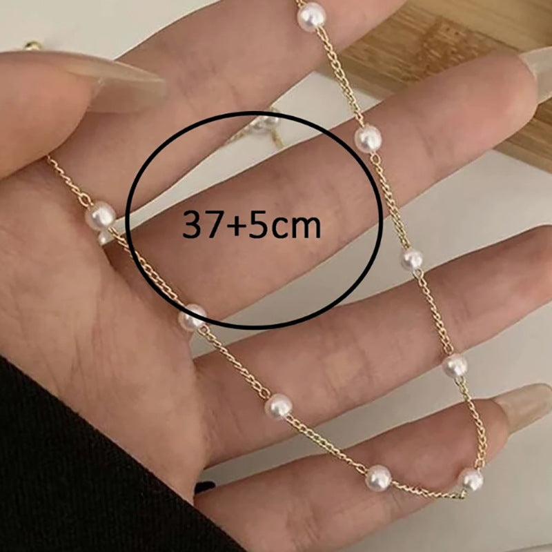 Dainty Gold Chain Pearl Station Choker Necklace | Minimalist Faux Pearl Design Creative Retro Elegant Necklace Women