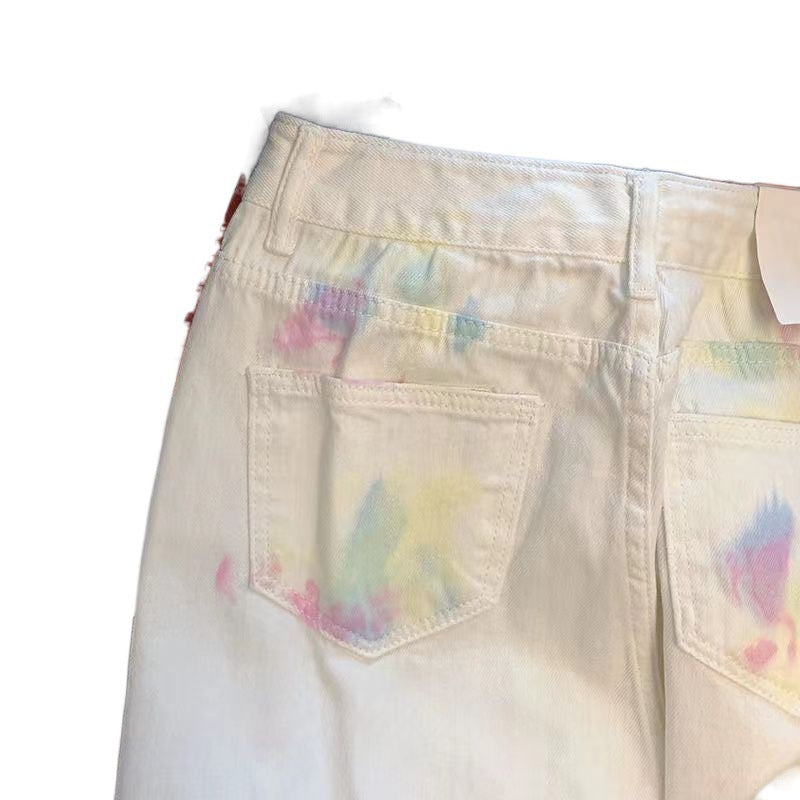 Pastel Dream Tie-Dye Jeans – Whimsical White Wash Denim Retro Tie-dye Graffiti Straight High Waist Jeans For Women