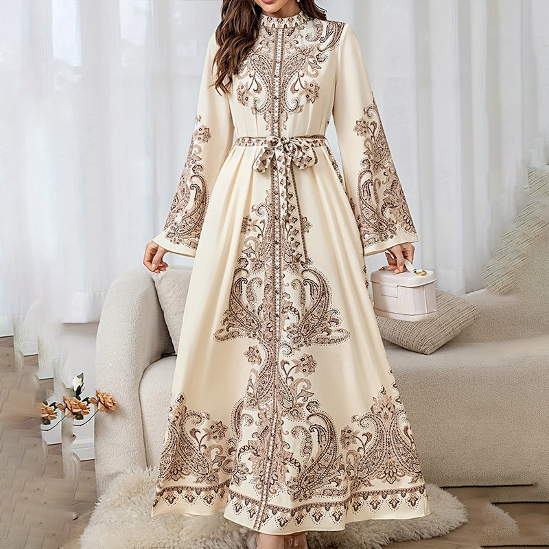 Vintage High-Neck Floral Maxi Dress Loose Long Sleeve, Adjustable Waist Belt, Middle Eastern Inspired Holiday Dress Ankle-Length Gown