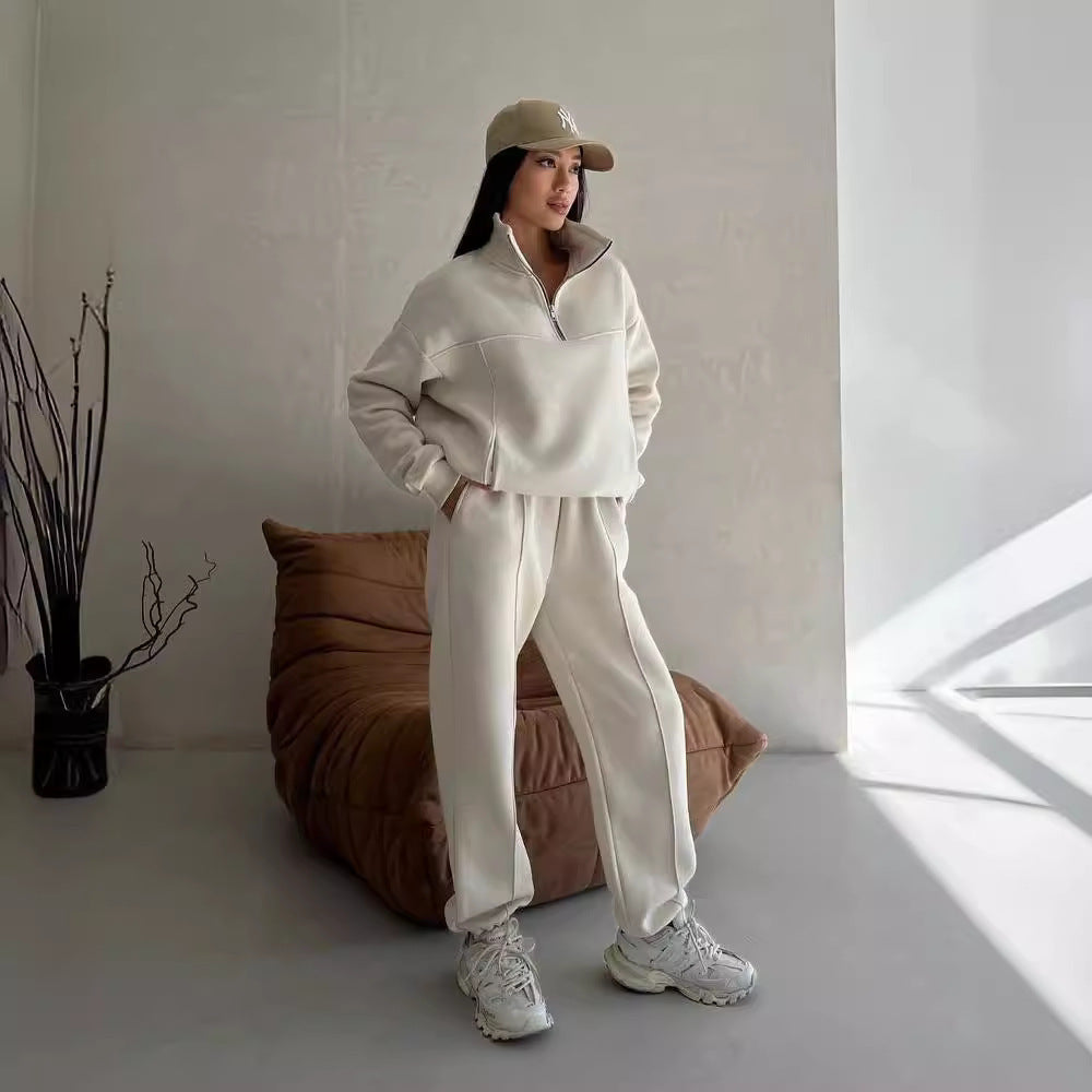 Essential Fleece Half-Zip Set – Minimal Luxe Comfort Y2K Winter Jogging Women Two Piece Set Female Zipper Coat Casual Pants Tracksuit Autumn Jacket Fashion Contrast Sport Wear Set