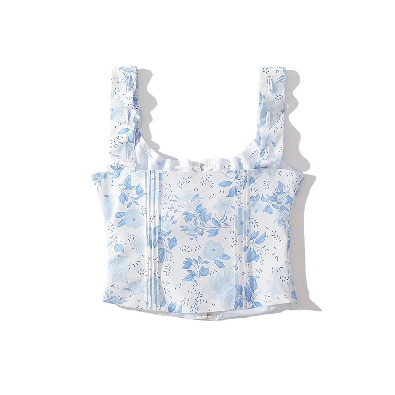 Summer New French Style Girl Sling Vest Lace-up Seaside Holiday Short Hook Top