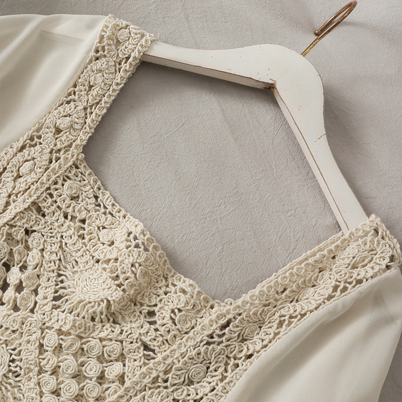Elegant Crochet Panel Blouse | Sheer Sleeve Square Neck Top Women's Chiffon Panel Puff Long Sleeve Top
