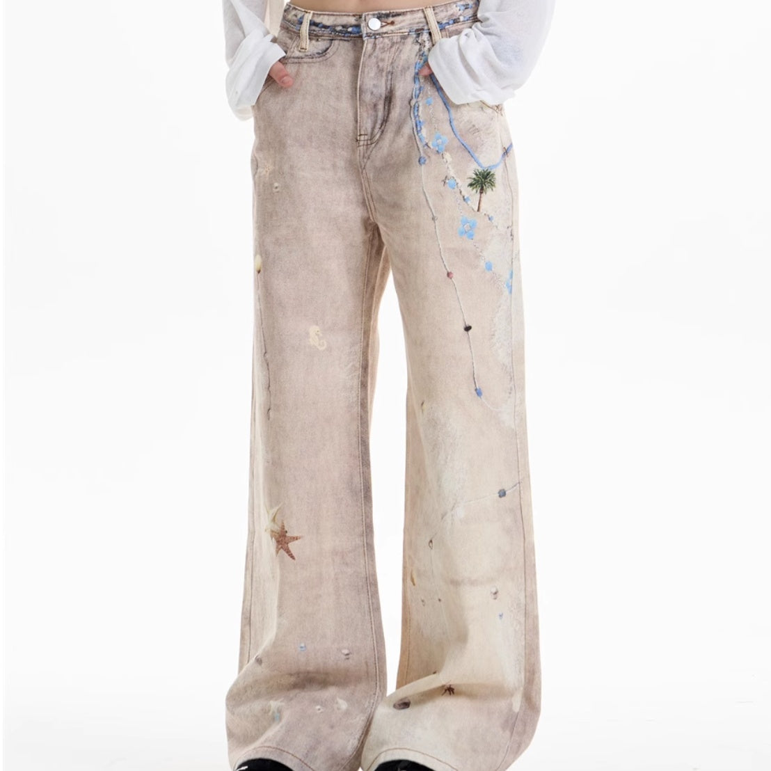 Retro Chain Print Worn Jeans Women's Straight Wide-leg Pants