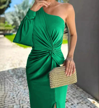 Diagonal Shoulder Knot Split Solid Color Slim Fit Dress