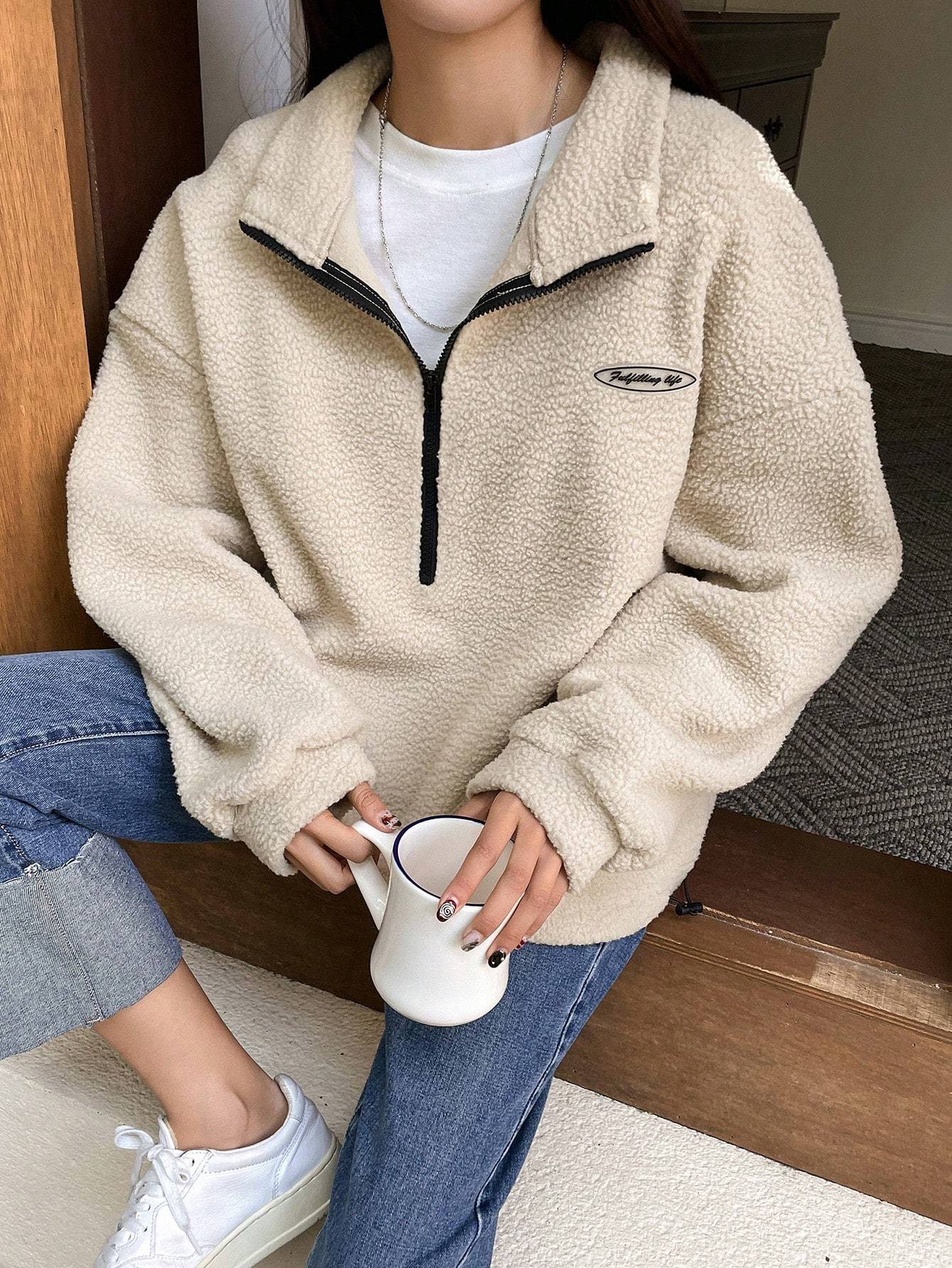 Patched Detail Drop Shoulder Half Zip Fleece Sweatshirt Long Sleeve Tops