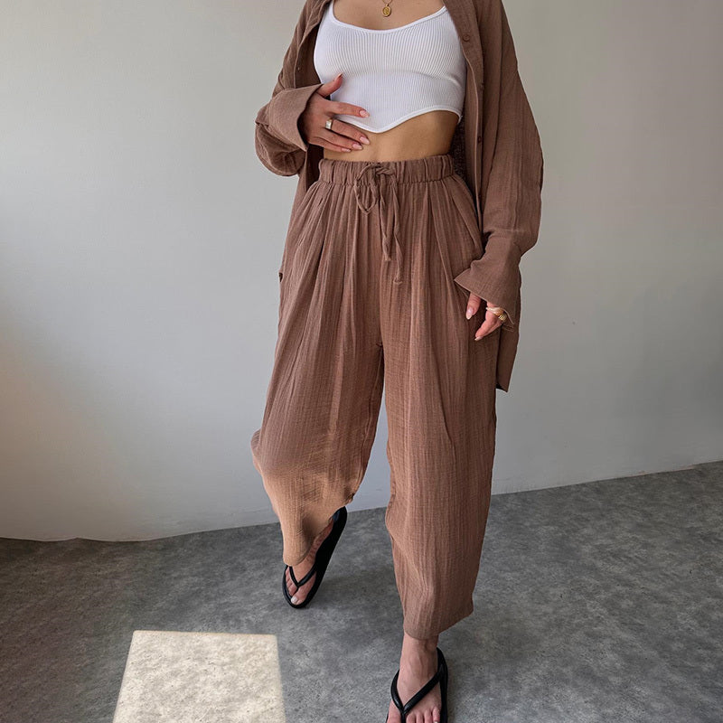 Solid Color Lapel Collar Long Sleeve Shirt & High-Waist Pants Set - Casual Loose Fit Outfit
