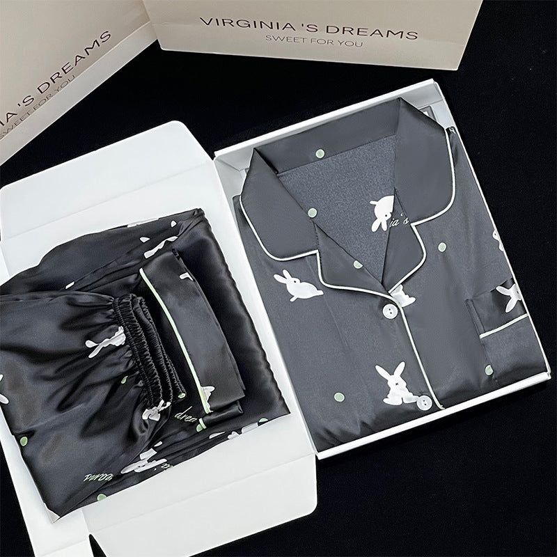 Luxurious Satin / Silk-Look Patterned Pajama Set Women's Korean-style Ins Cute Lapel Long-sleeved Pajamas