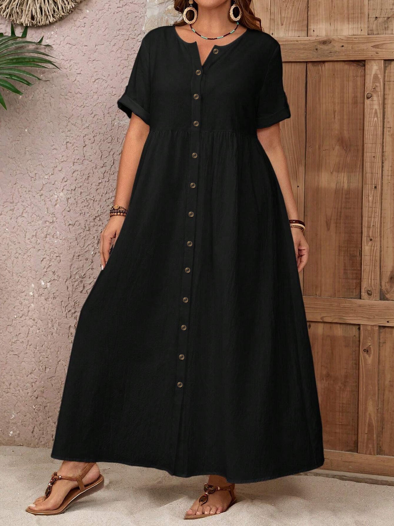 Button-Down Maxi Dress - Casual Summer Short-Sleeve Flowy Dress With Pockets