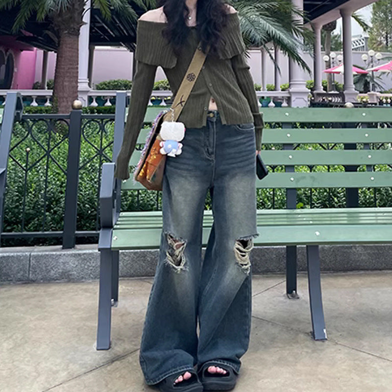 Distressed Vintage Wide-Leg Jeans – Effortless Streetwear Cool Retro Washed Ripped Jeans For Women