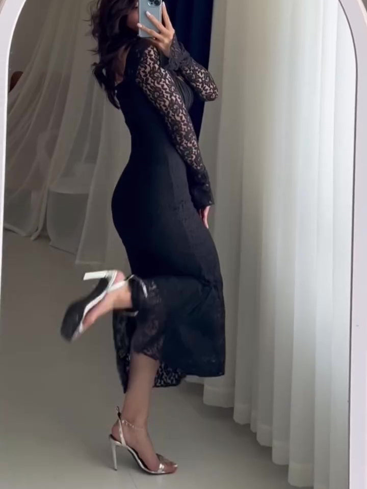 Black Lace Patchwork Square Neck Bodycon Dress