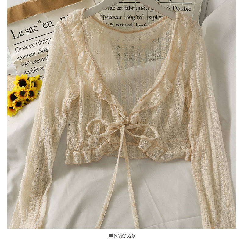 Short Bellyband Camisole Lace-up Ruffled Loose Lace Sunscreen Shirt