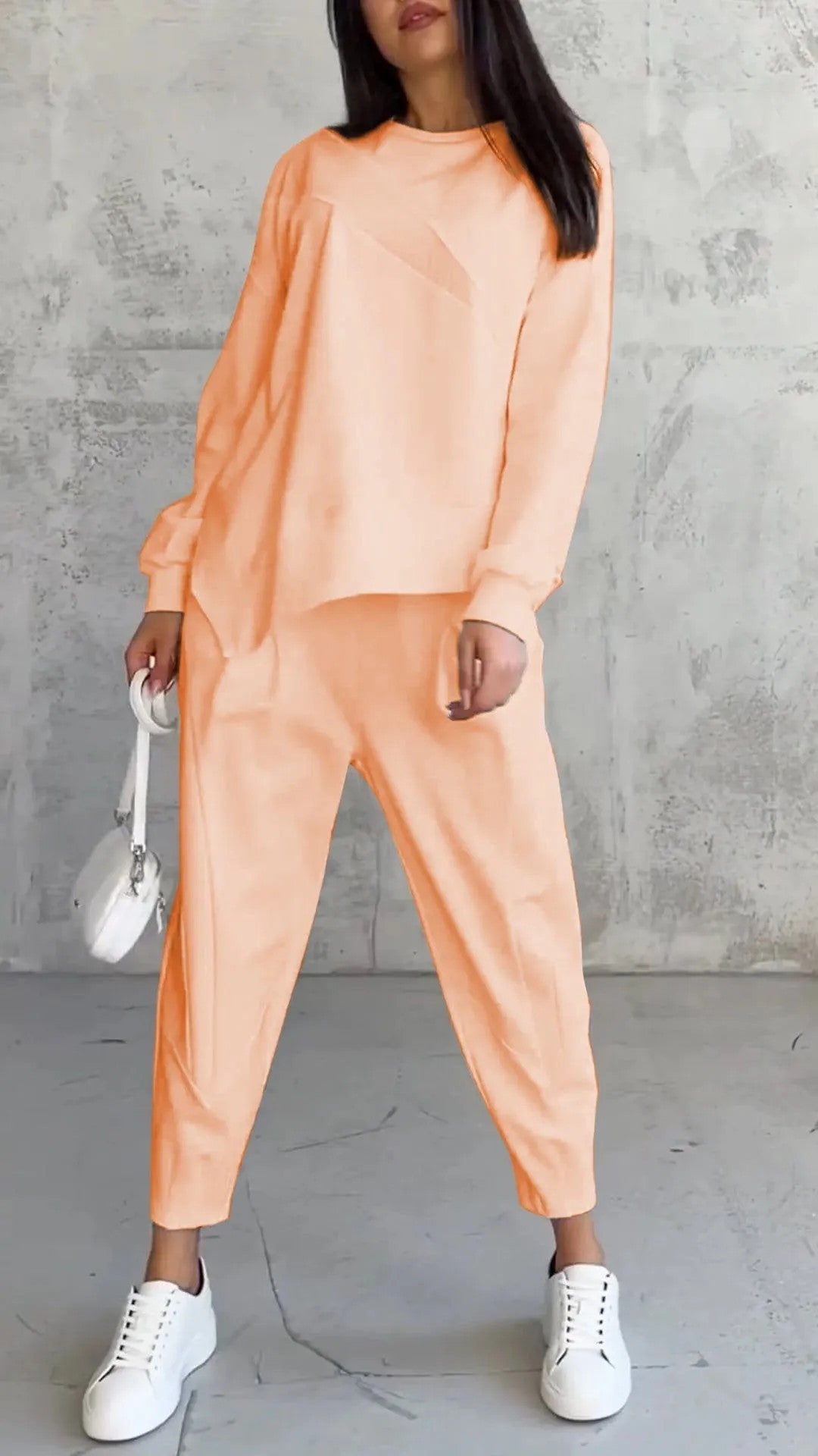 Slouchy Luxe Lounge Set – Crewneck Top + Tapered Joggers Women's Round Neck Loose And Irregular Long-sleeve Sweater Set