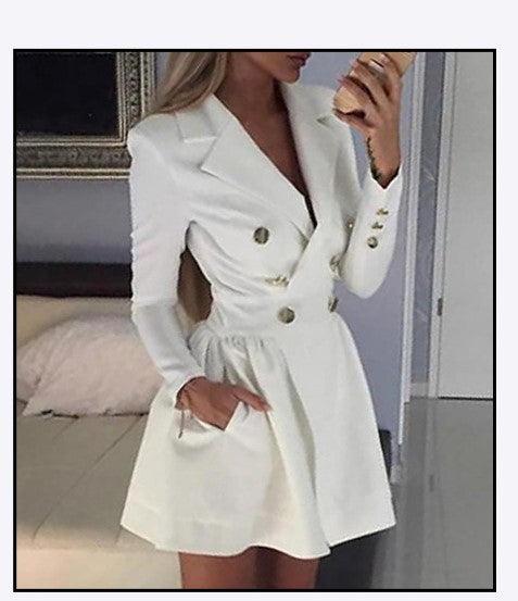 Chic White Double-Breasted Blazer Dress with Pleated Skirt | Elegant Mini Dress