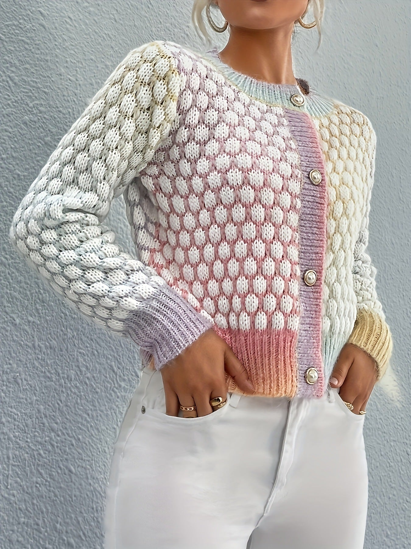 Elegant Gradient Color Round Neck Sweater Top Cardigan