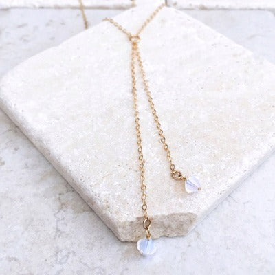 Gold Y-Necklace with Crystal Drop – Delicate Layered Lariat White Pointed Crystal Necklace Double Chain Necklace Delicate Necklace