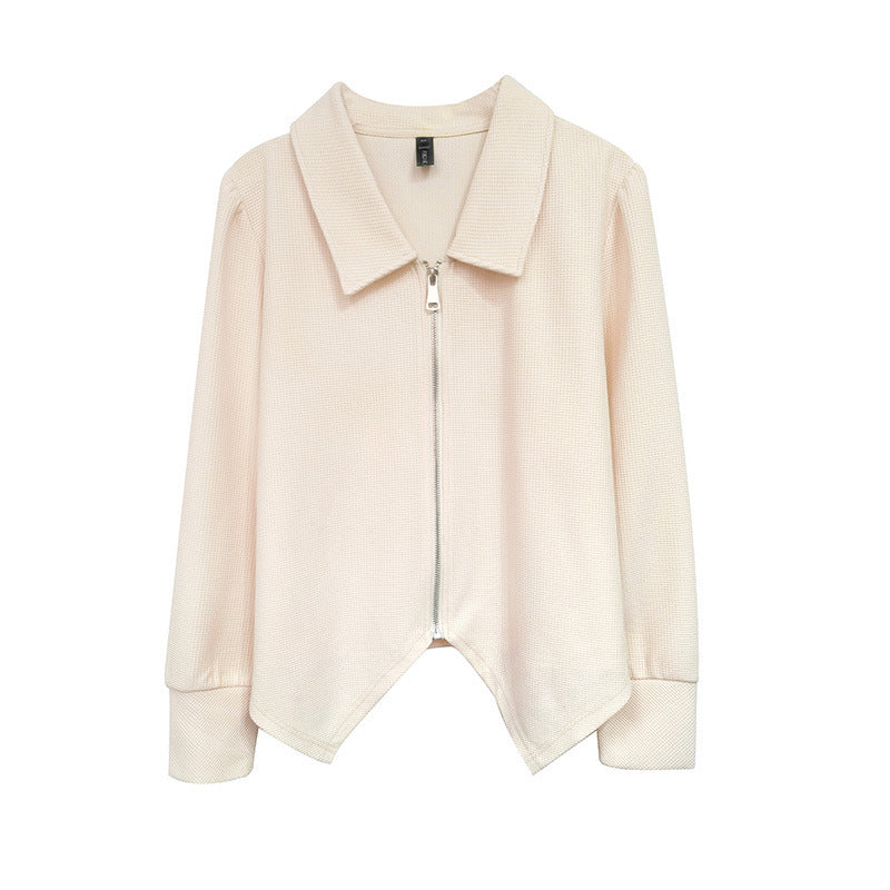 Stylish Zip-Up Collared Jacket | Asymmetrical Hem Blazer Top Korean Style Irregular Loose And Slim Zipper Lapel Top