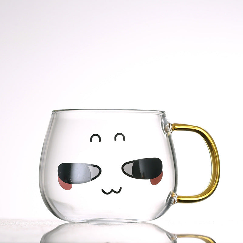 Cute Kawaii Emoji Glass Mug with Gold Handle Cute Glass Expression Coffee Cup Mug