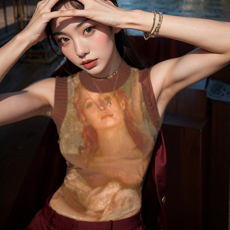 Trendy See-Through Graphic Print Sleeveless Top European And American Retro Printed Patchwork Round Neck Sleeveless Mesh Top