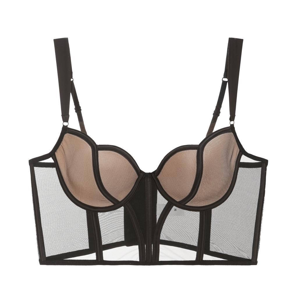 Mesh Bustier Bra & Panty Set - Sheer Underwire Lingerie Fishbone Bra Mesh Stitching Vest For Women
