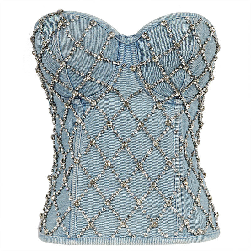 Trendy Rhinestone Denim Crop Top - Y2K Fashion Slim Performance Clothes Korean Style Zipper Top Women
