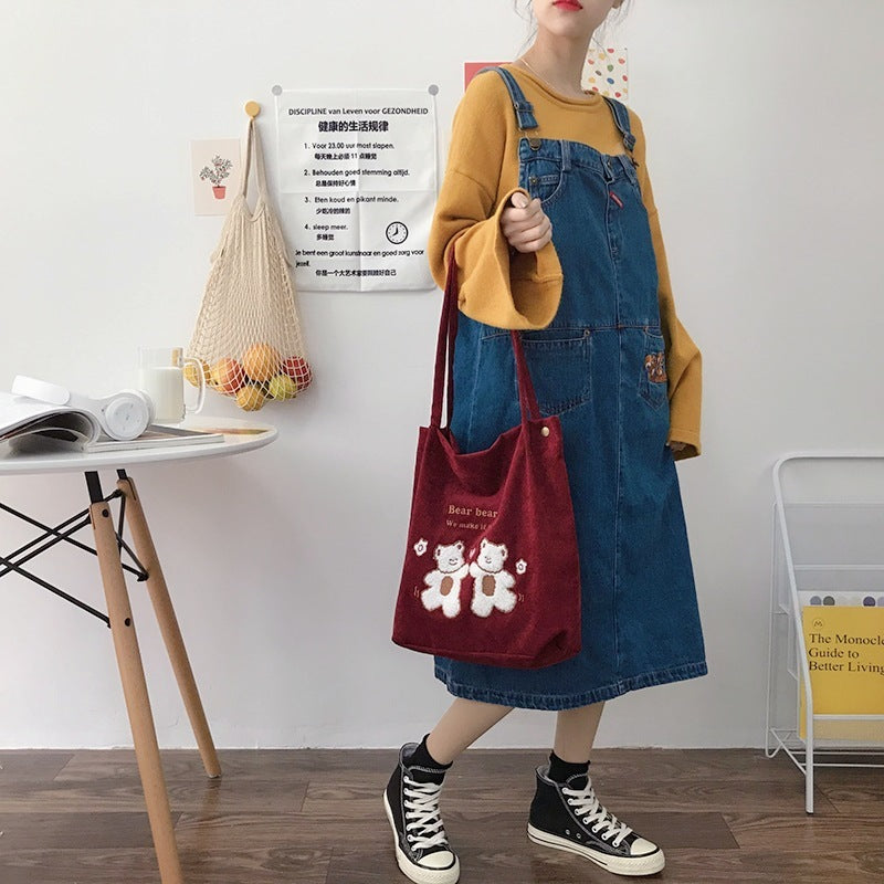 Corduroy Shoulder Bag Lucky Bears Embroidery Striped Canvas Handbag Eco Cloth Tote Cute Soft Shopping Bags For Women