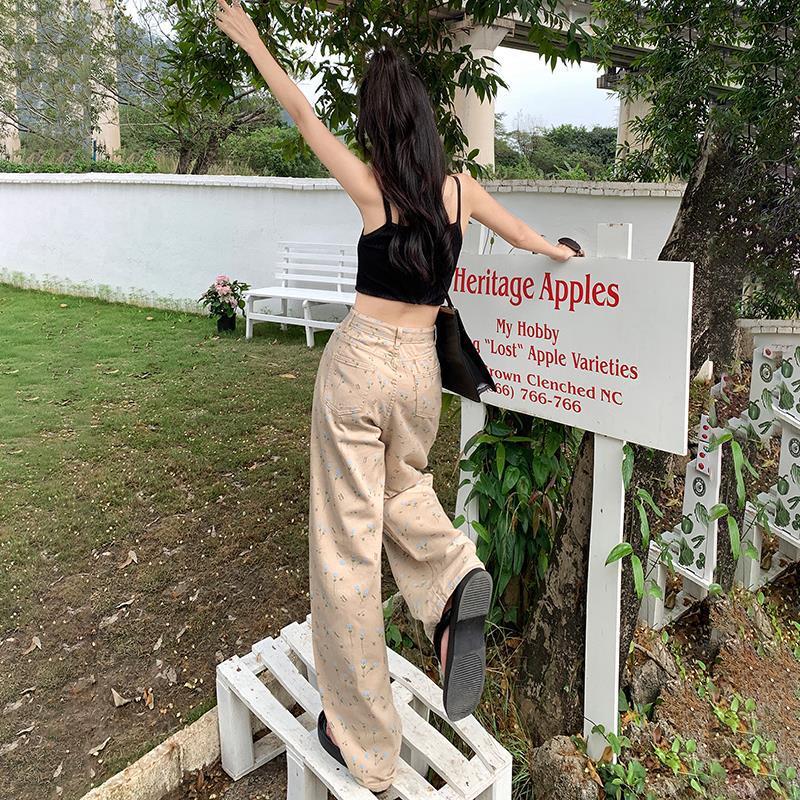 Beige Eyelet Embroidered Wide Leg Pants – Soft Vintage Aesthetic Streetwear Retro Loose Wide-leg Pants Straight Jeans For Women