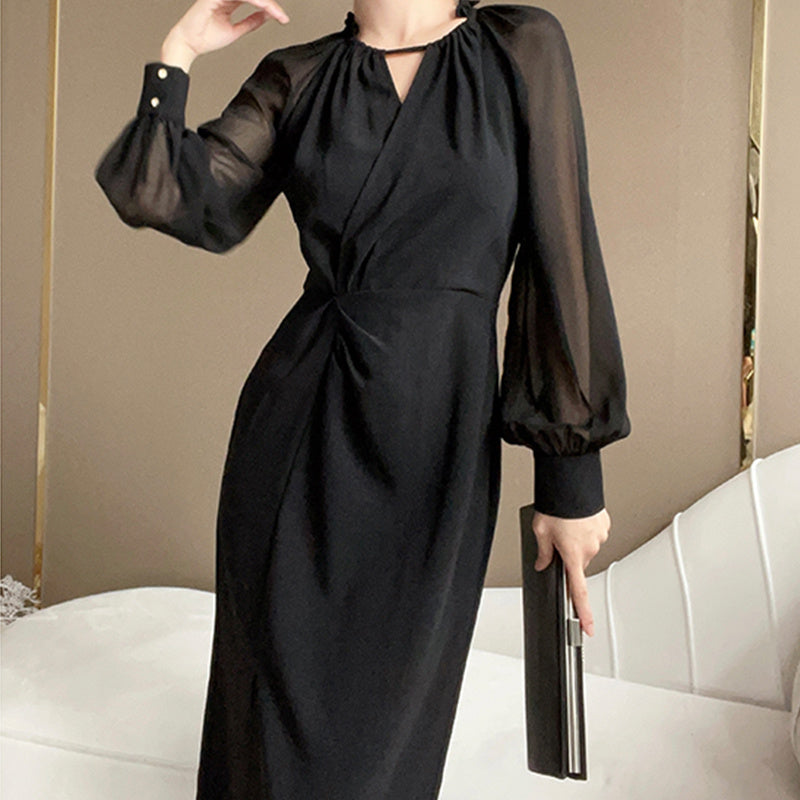 French Waistband Black Chiffon Dress