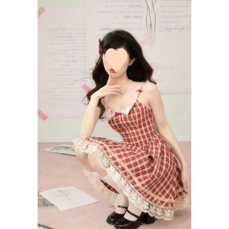 Slim Fit Sweet Plaid Slip Dress For Women's