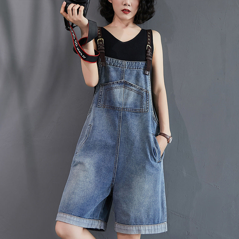 Retro Loose Denim Overalls Shorts For Women's