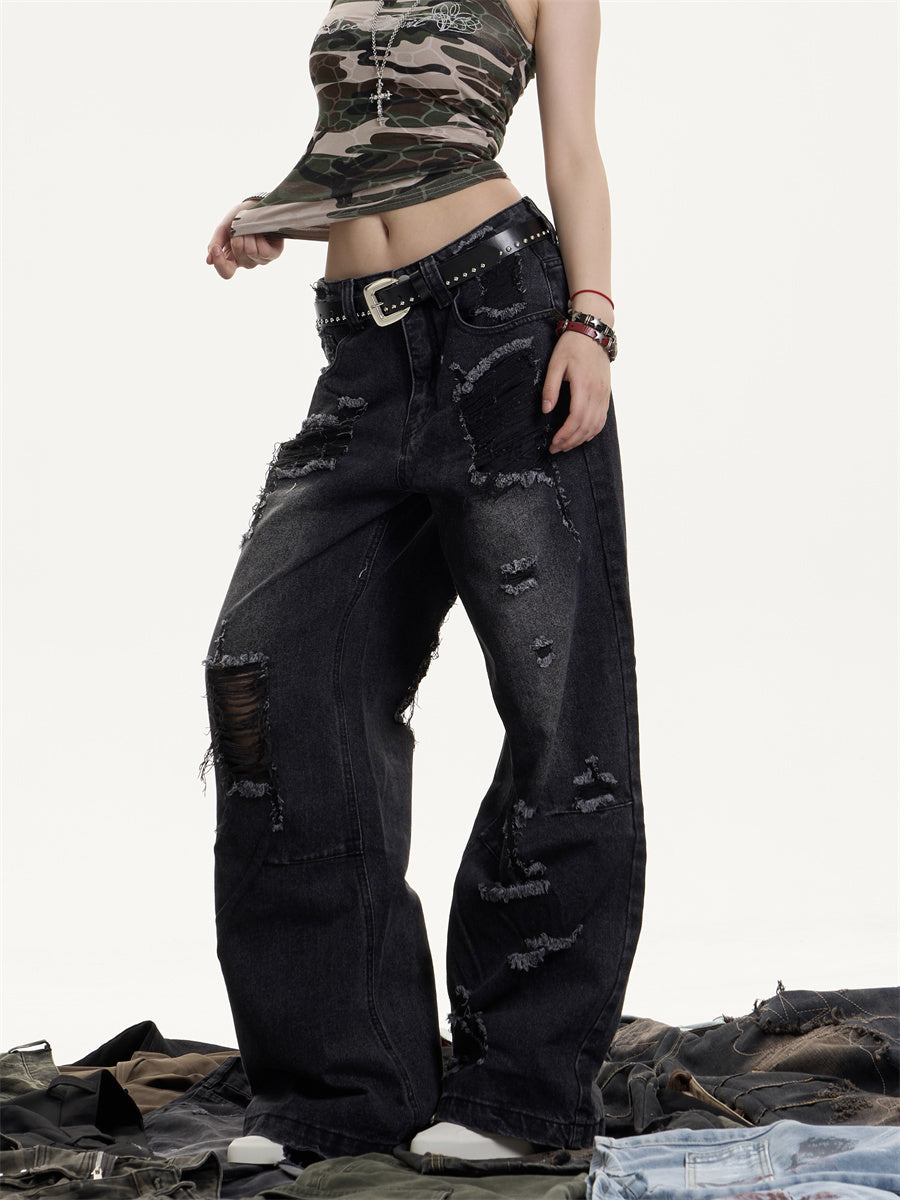 American Retro Washed Make Old Ripped Jeans Women's High Waist Loose Drooping