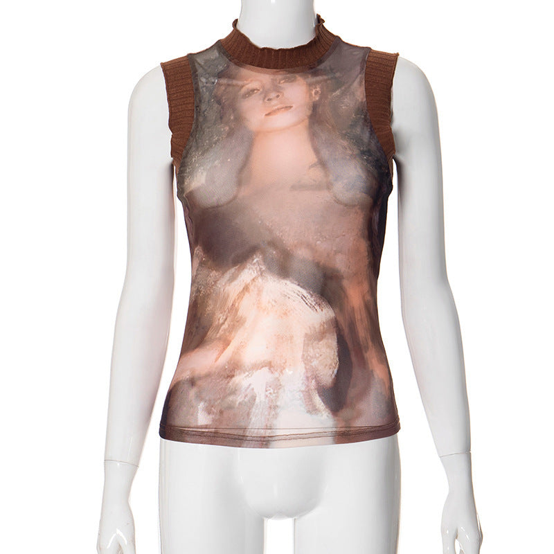 Trendy See-Through Graphic Print Sleeveless Top European And American Retro Printed Patchwork Round Neck Sleeveless Mesh Top