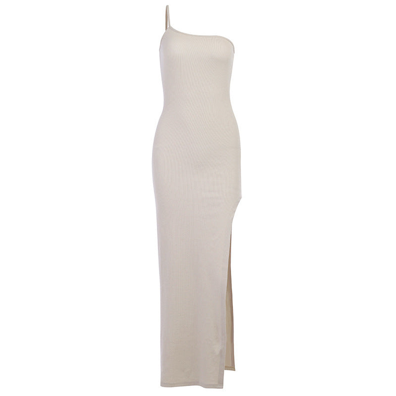 Chic One-Shoulder Bodycon Midi Dress with Side Slit (Black & Beige)