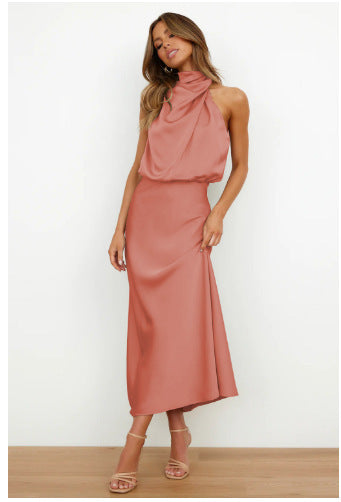 Solid Color High-grade Satin Elegant Dress For Women's