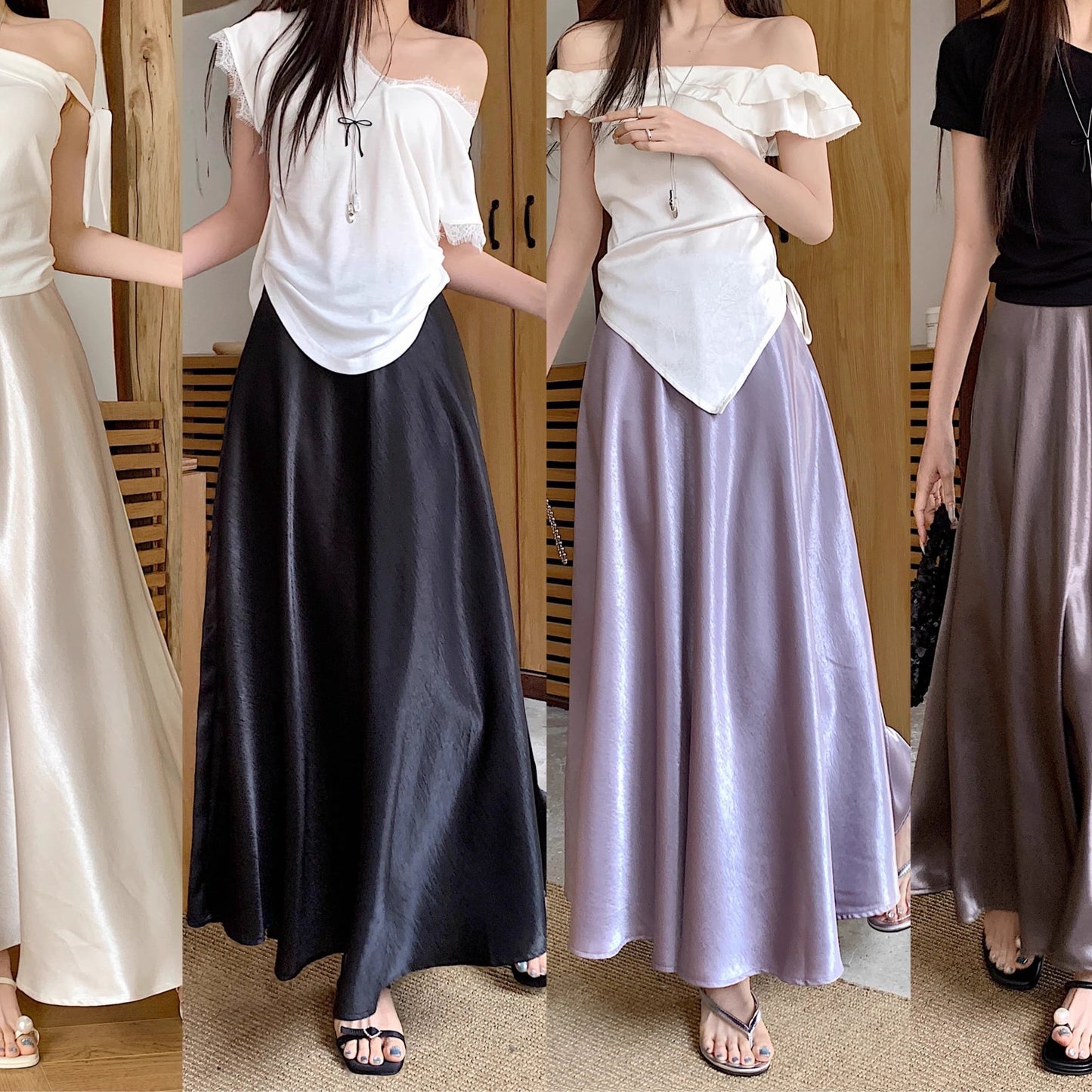 Casual All-match Acetate Satin Draped Solid Skirt