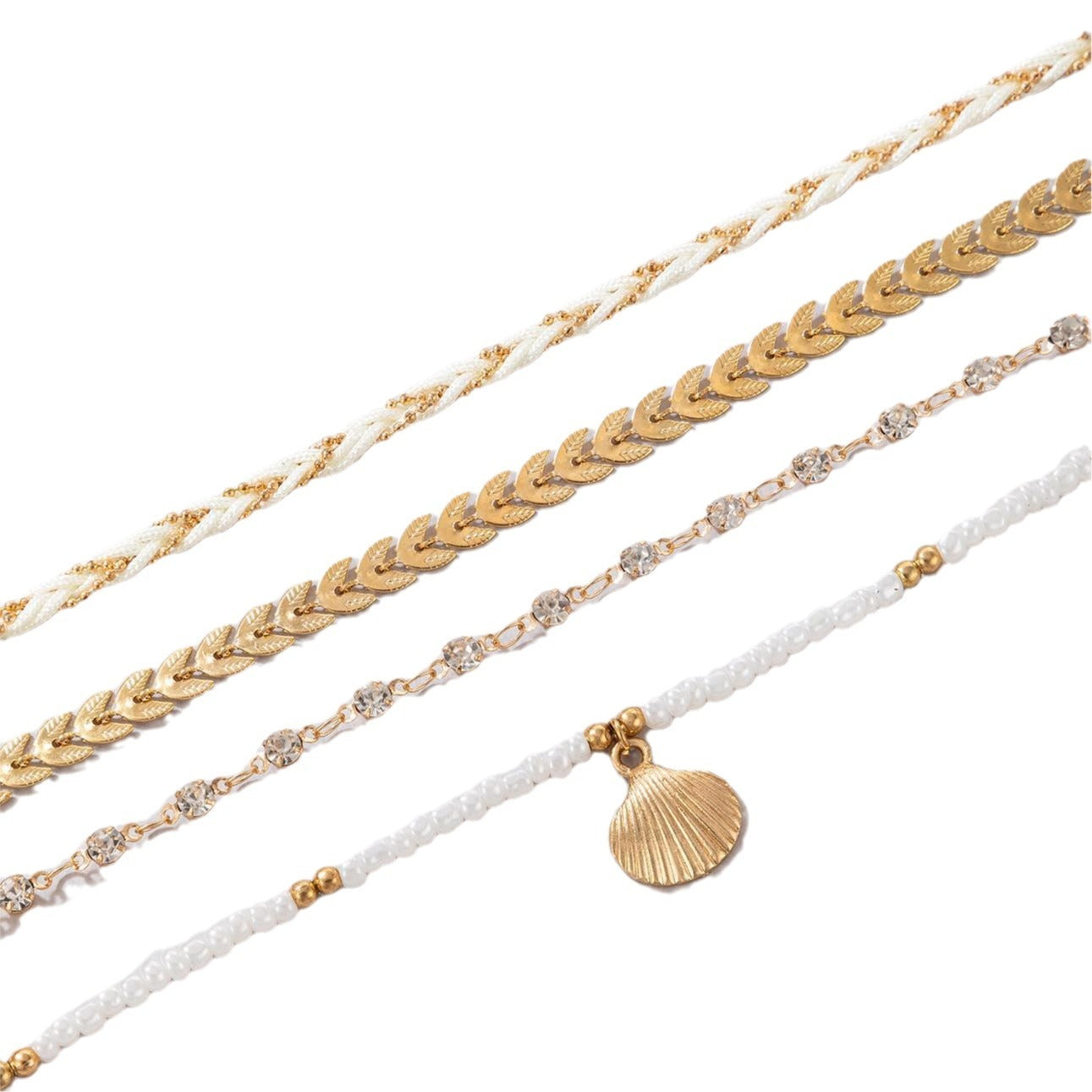 Boho Chic Layered Anklet Set - Multi-Strand & Shell Charm 4pcs Set Bohemian Woven Rope Foot Chain For Women Geometric Alloy Black Beads Dropping Oil Anklet Set Summer Fashion Jewelry